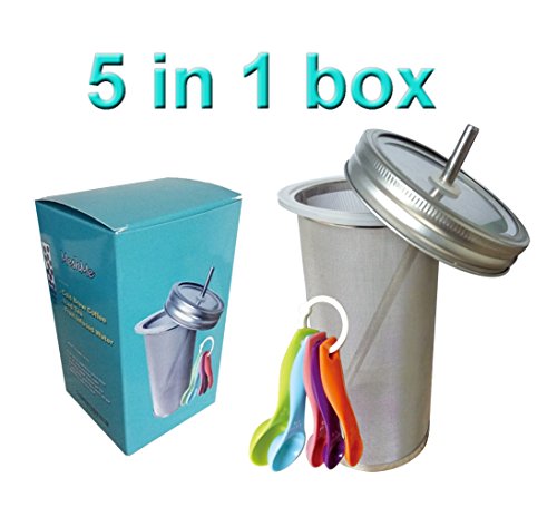 Click Here to See More Images Mason Jar Infuser Filter Fits All Wide Mouth Jars, Cold Brew Iced Coffee Maker Tube Filter, FREE Spoon Set, FREE Straw, FREE Lid, Free Silicone Sealer, GIFT BOX INCLUDED