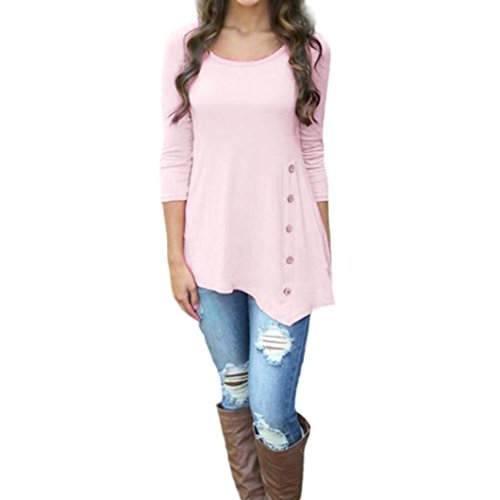 Lightning Deals Tunic Top,ZYooh Women 3/4 Sleeve Loose Button Trim Blouse Solid Color Round Neck Blouse T-Shirt (Pink, M)
