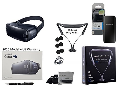 Samsung Gear VR Virtual Reality - 360 3D with Level U Pro HD UHQ Audio Wireless Bluetooth & 2100 Battery Power/Stylus/Sharing Cable - Retail Packing - (Bundle) for Galaxy S7/Galaxy S7 Edge