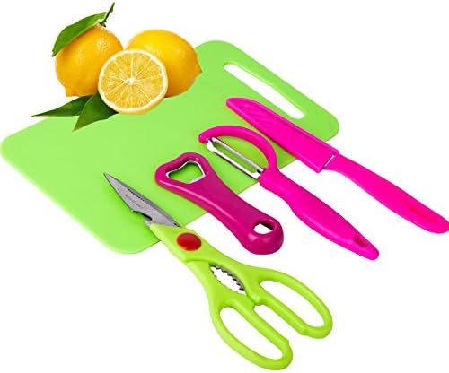 Kitchen Knife Set 5 Piece - Scissor Bottle Cap Opener Peeler Chopping Blocks and Extremely Sharp Stainless Steel NonStick Coating (Red)