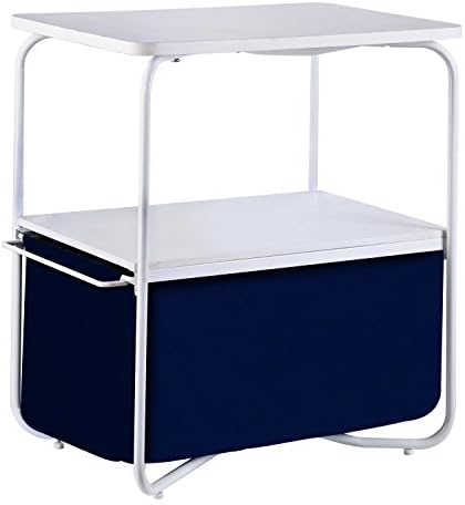 1208S 3 Tier Accent End Table Sofa Side Tables with Storage Drawer for Bedroom Living Room Small Space, White/Dark Blue