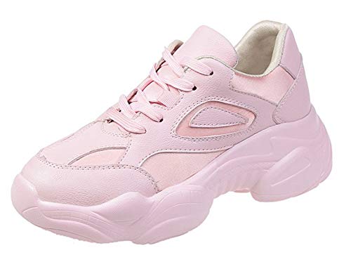 Aisun Women's Casual Hot Round Toe Thick Sole Lace Up Platform Chunky Sneakers Flat Dad Shoes (Pink, 6 M US)