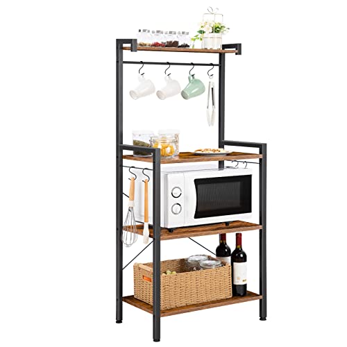 4 Tier Coffee Bar Station with Storage, Rustic Brown Corner Bakers Rack with 8 S-Shaped Hooks, High kitchen Shelves Stand Microwave Stand for Spices, Pots, Wooden Top and Black Metal Frame EBF04HB01