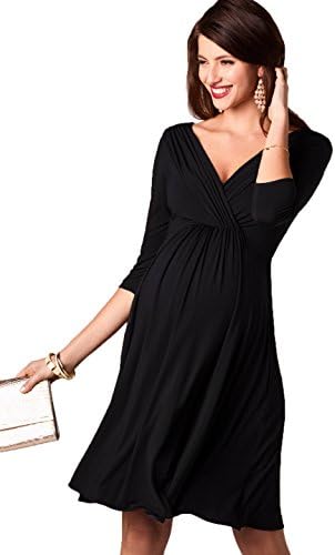 Kamaitachi V-Neck Knee-Length 3/4 Sleeve Casual Party Elegant Maternity Dresses Pregnancy Clothes，Black,Medium