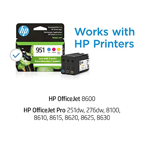 HP 951 Cyan, Magenta, Yellow Ink Cartridges for HP Printers (3 Pack) | Works with OfficeJet 8600, OfficeJet Pro 251dw, 276dw, 8100, 8610, 8620, 8630 | Eligible for Instant Ink | CR314FN