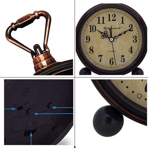 Königswerk Vintage Analog Alarm Clock, 5.25 inch Small Silent Desk Clock with Night Light, Battery Operated for Table, Bedroom, Bedside, Living Room, Room Decor (Classic)