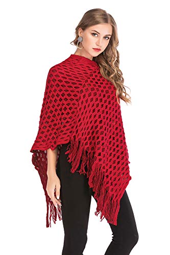 Women's Pullover Shawl Knit Poncho Sweater Capes with Fringed Sides Loose Fitting Poncho Cape