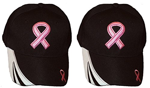 Set Of 2 Breast Cancer Awareness Pink Ribbon Baseball Caps Hats / Pink on Black