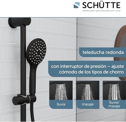 RAVEN - Barra de ducha y ducha de mano, alcachofa de ducha con 3 posiciones ajustables, juego de ducha con columna de ducha, panel de ducha con manguera en color negro
