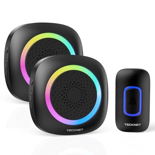 TECKNET Battery Powered Wireless Doorbell, IP66 Waterproof, 400M Range, 5 Volume Levels, 60 Melodies, RGB Removable Battery, External Wireless Doorbell