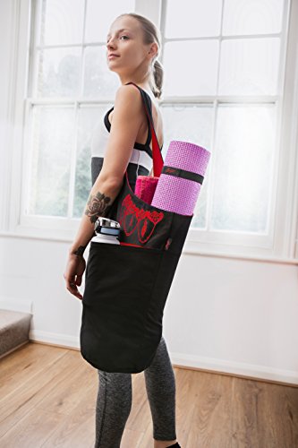 Yoga Mat Bag - Elegant & Embroidered Cotton Tote With 2 Pockets | Wide Sling Carrier With Long Strap & 2 Elastic Mat Bands (Black & Ruby Red)
