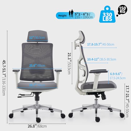 HOLLUDLE Ergonomic Office Chair with Adjustable Backrest, Depth Adjustable Seat, 4D Armrests, Lumbar Support and 2D Headrest, 360° Swivel, Modern Design, White