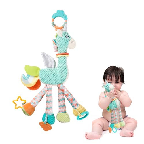 Koty Unicorn Hanging Toys, Plush Baby Rattles Crinkle Squeaky Toys, Car Seat Stroller Hanging Toys for 0 3 6 9 12 Months,Montessori Sensory Learning Toys Gift for Newborn Infant (Green)