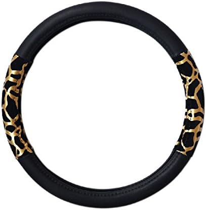 Houyue Animal Print Faux Leather Anti Slip Vehicle Steering Wheel Cover, Size 14.5''-15'', Leopard Gold