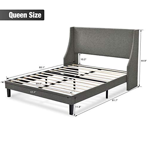 Einfach Queen Size Platform Bed Frame with Wingback Headboard / Fabric