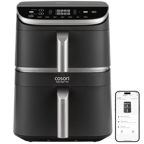 Cosori Air Fryer Turbo Tower Pro Smart 10.8 Liter, PFAS Free Ceramic Coating Air Fryer, Dual Resistance with Turbo Blaze, Vertical Dual Basket Airfryer with 7 Functions and WiFi