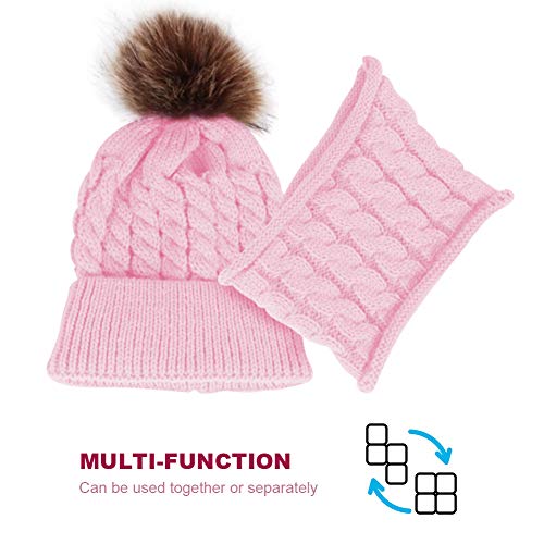 Baby Girls Boys Winter Beanie Hat Scarf Set Toddler Warm Knitted Hats Circle Scarf for Infant Newborn Winter Pom Hat Pink