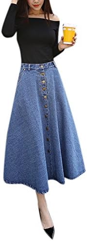 Krralinlin Women's Vintage Button Front Denim High Waisted A-Line Long Maxi Denim Pleated Skirts