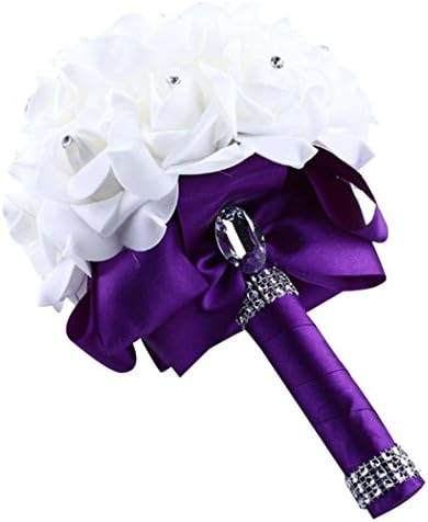 JUNNEY_Crystal Roses Pearl Bridesmaid Wedding Bouquet Bridal Artificial Silk Flowers (purple)