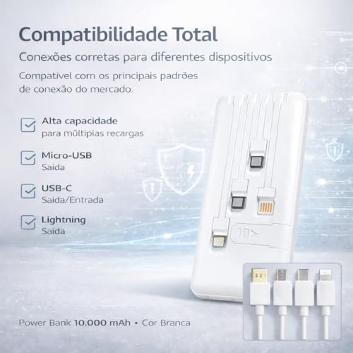 Power Bank Carregador Portátil Universal 10000mAh com Cabos Integrados USB-A, USB-C (Type-C), Micro-USB e USB-Light Carregamento Rápido Bateria Externa Compacta para Celular Android iOS(Branco)
