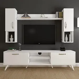 A1 Craft M5 TV Unit with Wall Shelf TV Stand with Bookshelf Wall Mounted with Shelf Modern Leg 180 cm Basket Walnut Color: White