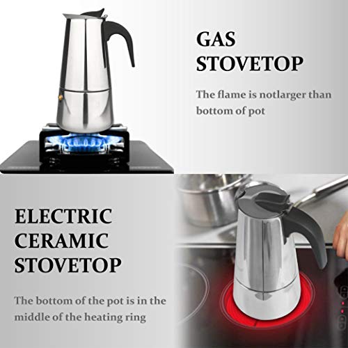 elabo Stovetop Espreeso Machine and Moka Pot for Gas or Electric Ceramic Stovetop, Italian Espresso Coffee Shot Maker for Italian Espresso, Cappuccino and Latte, Stainless Steel 304, 6 Cups