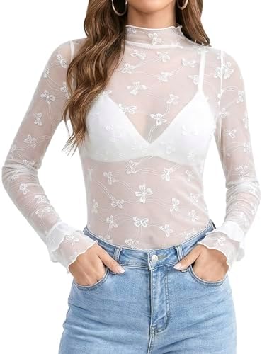 Naileksi Women Long Sleeve Sheer Mesh Top Mock Neck See Through