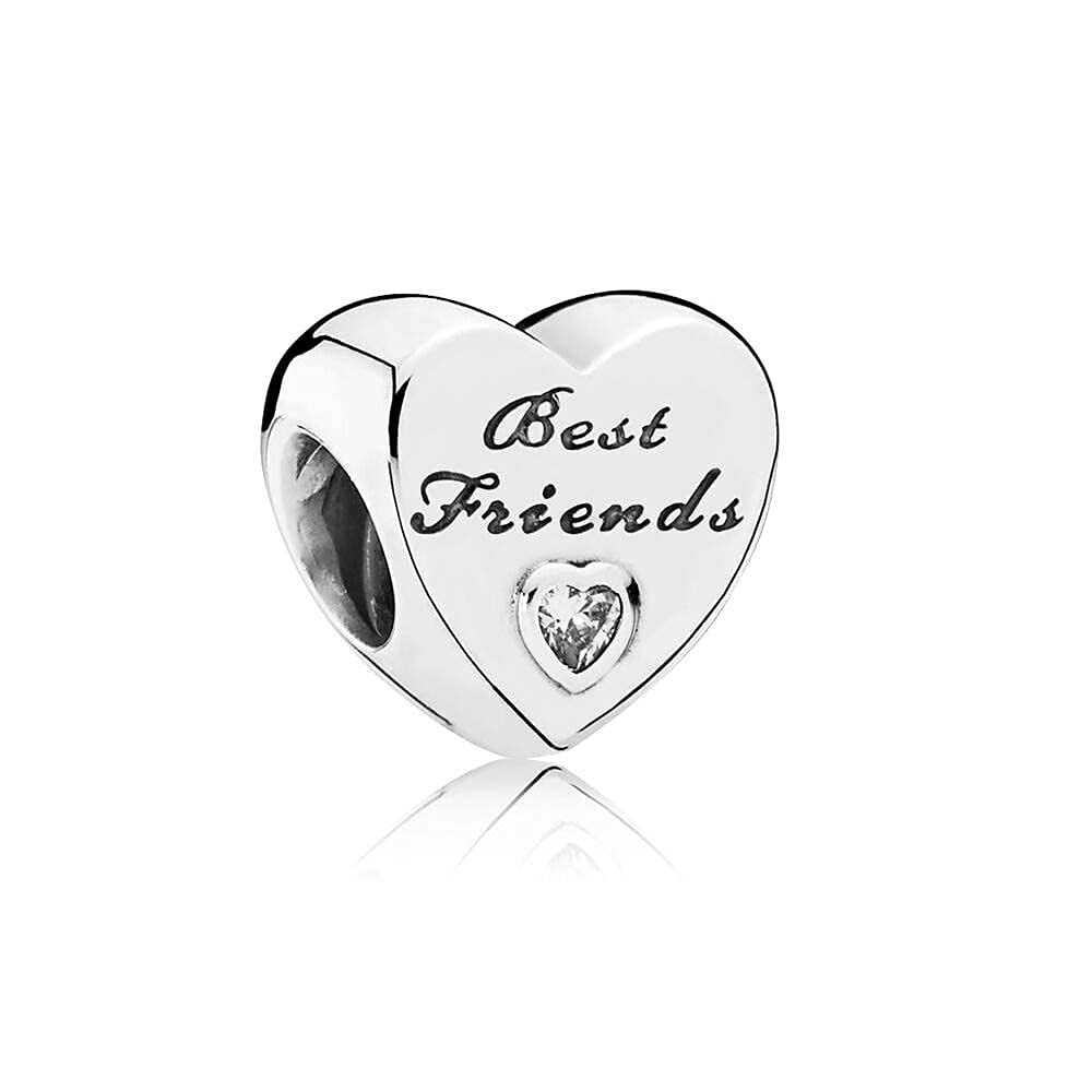 FGT Best Friends Love Heart Sterling Silver Charm fits Pandora Charms Bracelets Birthday Bead Gift for Women Friendship Sisters Cursive Writing Clear CZ