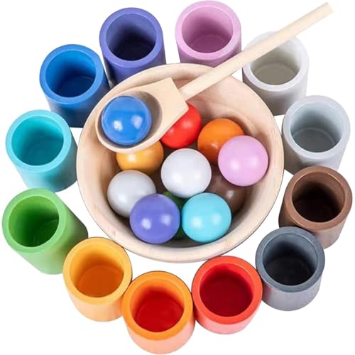 AM ANNA Rainbow Balls in Cups Toddler Montessori Toys for 1 Year Old Up, Kids Preschool Wooden Sorting Toys, Color Matching Games for Learning Sorting and Counting (12 Colors)