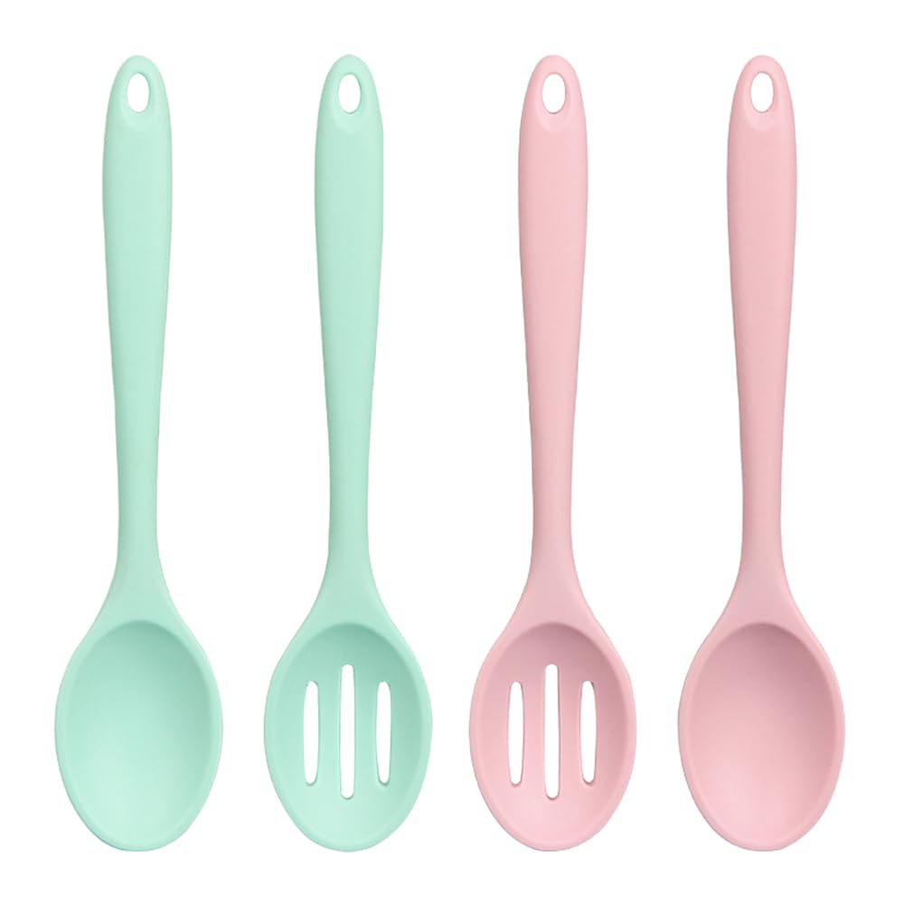 4 PCS Silicone Cooking Spoon Set Heat-Resistant Slotted Spoons Nonstick Kitchen Spoon Large Serving Spoons for Baking Mixing Draining Stirring Tools (Pink and Green)
