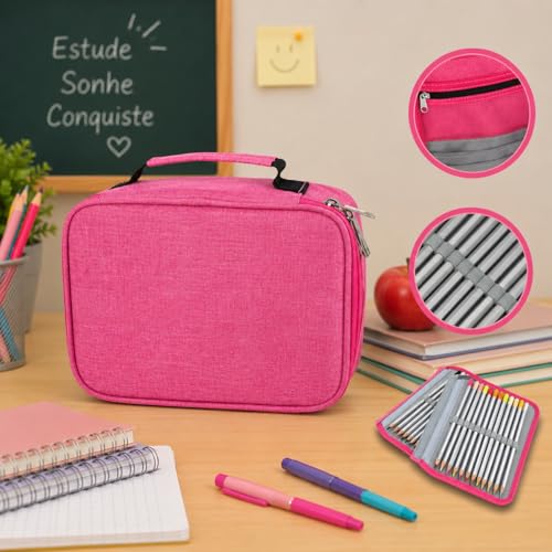 Estojo Escolar Box Organizador 72 Divisórias Grande com Alça Porta Canetas e Lápis Case Escolar Multifuncional Removível Premium (Rosa)