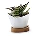 T4U Small White Succulent Planter Pots with Bamboo Tray Traiangle Set of 2, Geometric Cactus Plant Holder Container for Home Office Table Desk Decoration Gift for Mom Aunt Sister Daughter Gardener
