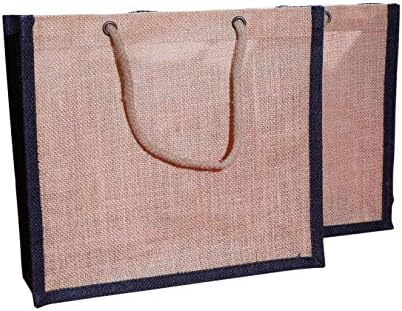 Eloine Linen Burlap Tote bag size 11.5" x 10" x 4" size Natural with Black colour edges 2 pcs.
