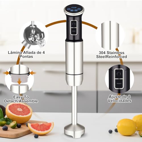 TURU HOME 6 em 1 mixer de mão, 1000W, 8 velocidades, Exibição digital LCD, Vem com um copo de 860 ml, Livre BPA,Triturador de 600 ml, Adequado para sopas, smoothies e purés(220V)