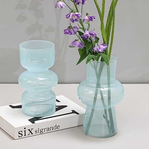 2PCS Glass Vase Blue Transparent, Hydroponic Bubble Glass Vases for Flowers, ViViTOP Modern Style Decorative Medium Vases for Centerpieces Home Decor Wedding Reception Table(7\