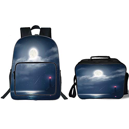iPrint 19" School Backpack & Lunch Bag Bundle,Night Sky,Illustration of Nocturnal Clouds Stars Moon and Sea Lighthouse Decorative,Dark Blue White and Black,for Boys Girls