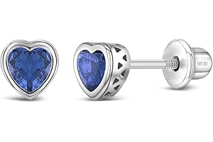 IN SEASON JEWELRY 925 Sterling Silver 5mm Girls CZ Heart Earrings Simulated Birthstone Bezel with Screw Back Stud Baby Earrings - Safety Screw Back for Toddlers - Quality Heart Cubic Zirconia Earrings for Kids