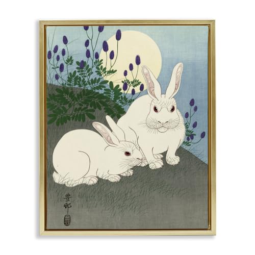 'Konijnen bij Volle Maan Ohara Koson Classic'| Floating Frame Canvas Art