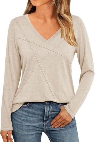 41yvX5fyBdL Naioss Damen Oberteile Elegant V-Ausschnitt Langarmshirt Herbst Tshirt Baumwolle Casual Shirts Tunika Tops(Beige/Xl)