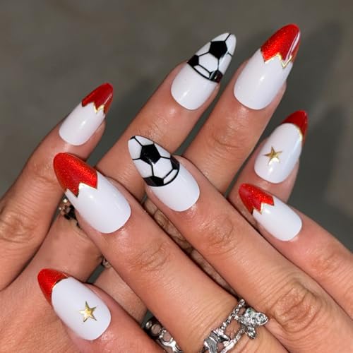 World Cup Press on Nails Medium Almond Fake Nails with Soccer Design Glossy Cat Eye Glitter Nails Press on Red French Tips Glue on Nails Reusable Summer Gold Star Holiday Nail for Women 24Pcs at Amazon