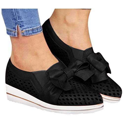 Dermanony Womens Slip on Sneaker Outdoor Leisure Fashion Bow Flat Mesh Breathable Wedges Walking Beach Casual Shoes Black