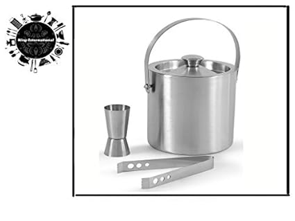 King International Stainless Steel Bar Set, Bartender Kit Set of 3 Piece| Silver| Bar Tool Set with Ice Bucket, Peg Measure, Ice Tong -Complete Bar Tool Set for Home bar Accessories