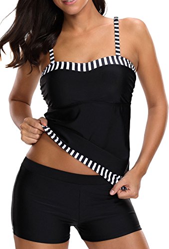 Dearlovers Women Adjustable Striped Straps Color Block Swimsuits Tankini Top Set with Boyshort