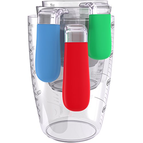 vremi - juego de vasos de medición de plástico de 3 piezas - vasos de medición apilables para anidar líquidos sin bpa con pico y asas decorativas de color rojo, azul y verde - incluye 1, 2 y 4 tazas con medición de ml y oz