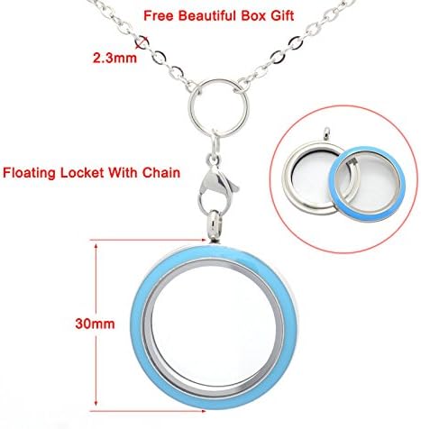 Lefeng 30mm 316L Stainless Steel Enamel Blue Floating Glass Locket With 30 inch Rolo O Necklace