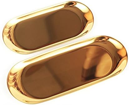 METAN Luxury Stainless Steel Vanity Tray with 3 Colors 2 Sizes Available for Bathroom, Dressers, Kitchen, Jewelry Organizer Tray (1pc Large &amp; 1pc Small, Gold)