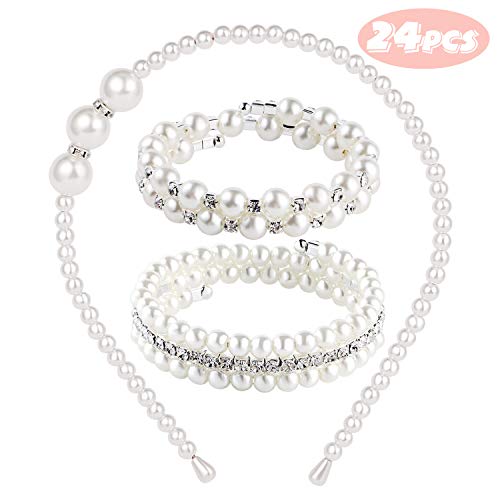 G.C Princess Jewelry Set 24 PCS Artificial Pearl Headbands and Bracelets for Party Favors Girls Costume Jewelry