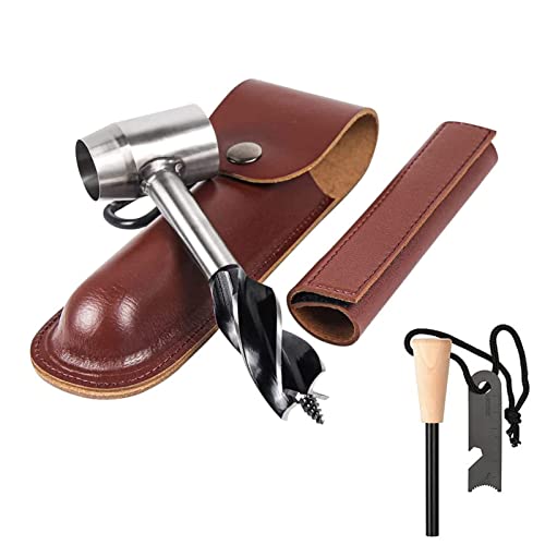 HNONPW Bushcraft Gear for Survival Settlers Bushscraft Handbohrer Wrench with Flint Scotch Eye Wood Drill Peg and Manual Hole Maker Multitool with lea