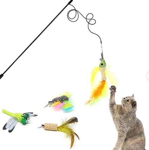 ZERVIOE Cat Toys Interactive Feather Teaser Wand Toy Set with 5 Refills Feathers Bird Dragonfly Catcher for Cats Kitten