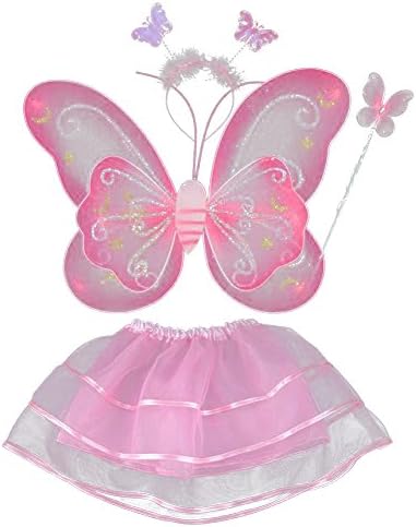 MiyaSudy Kid Girl's Butterfly Wing Wand Headband Tutu Dress Stage Cosplay Fairy Costume 4Pcs Set